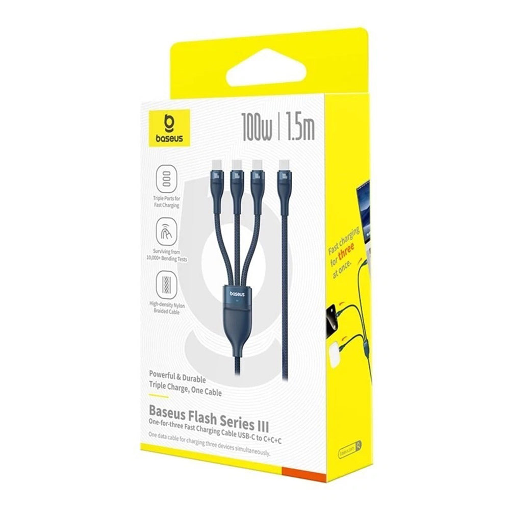 Cablu Baseus Flash Series 3 (P10377503321-00), Fast Charge, USB-C to 3x Type-C, 3in1, PD100W, 480Mbps, 1.5m, Albastru