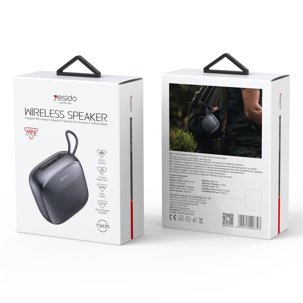 Casti Yesido Wireless Speaker (YSW24), Bluetooth 5.3, Mini Design, Waterproof, Lanyard, TF, AUX, Type-C, 1000mAh, Negru