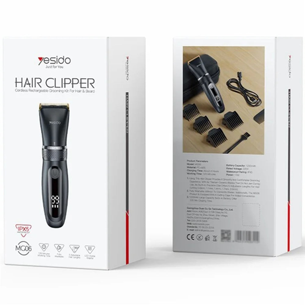 Yesido Hair Clipper (MG06), USB, 1200mAh, IPX5 Waterproof, Power Display, 5 Stages Length, Negru