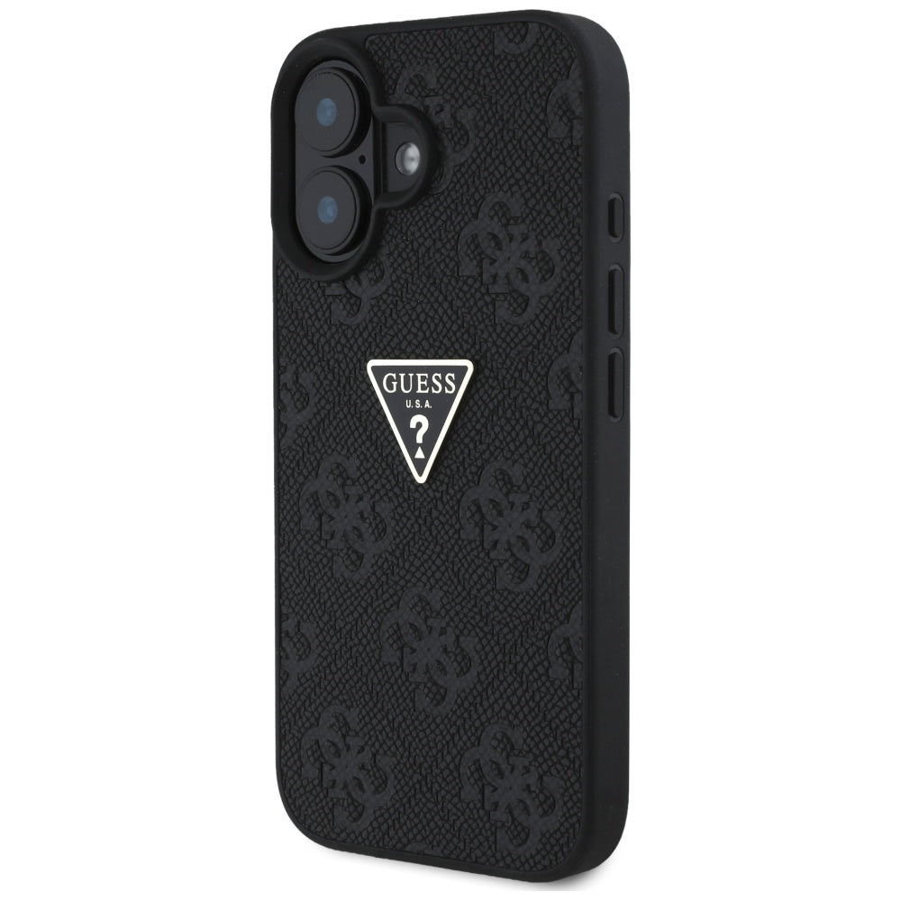 Husa de protectie Guess Leather Hot Stamp 4G Pattern Triangle Metal Logo (GUHCP16SPGP4STRK) compatibil cu iPhone 16, Negru