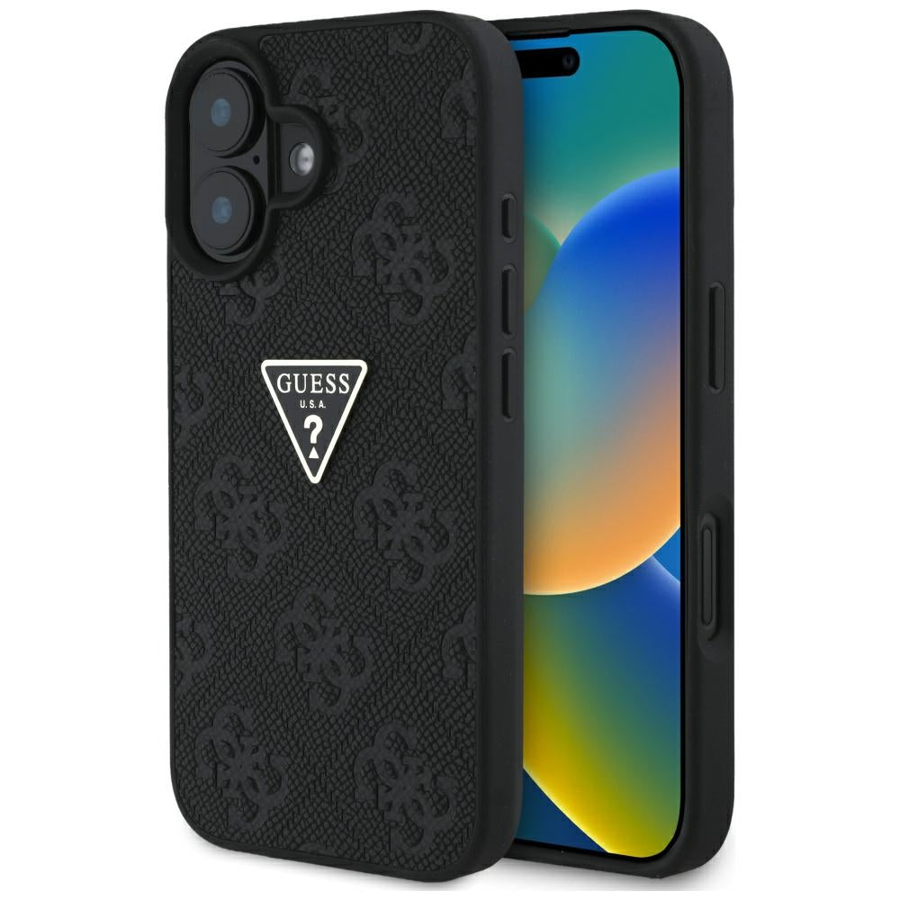 Husa de protectie Guess Leather Hot Stamp 4G Pattern Triangle Metal Logo (GUHCP16SPGP4STRK) compatibil cu iPhone 16, Negru