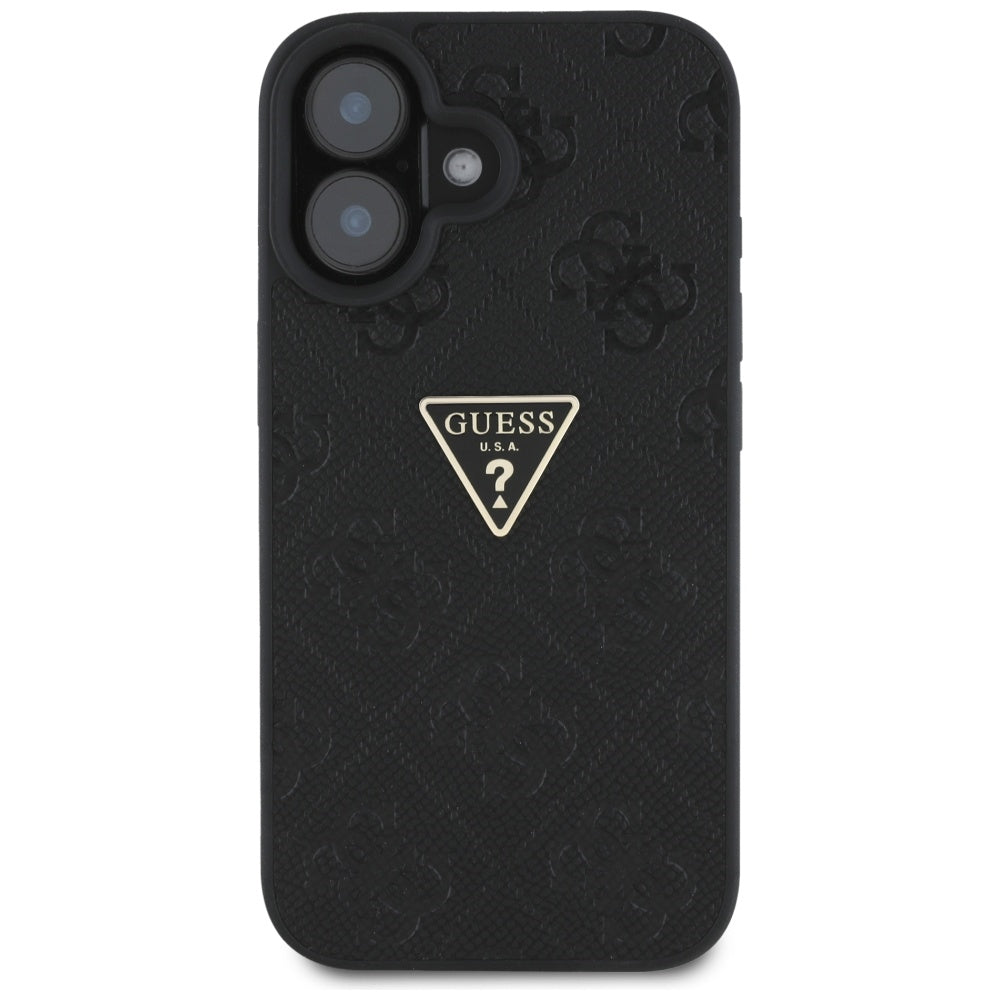 Husa de protectie Guess Leather Hot Stamp 4G Pattern Triangle Metal Logo (GUHCP16SPGP4STRK) compatibil cu iPhone 16, Negru