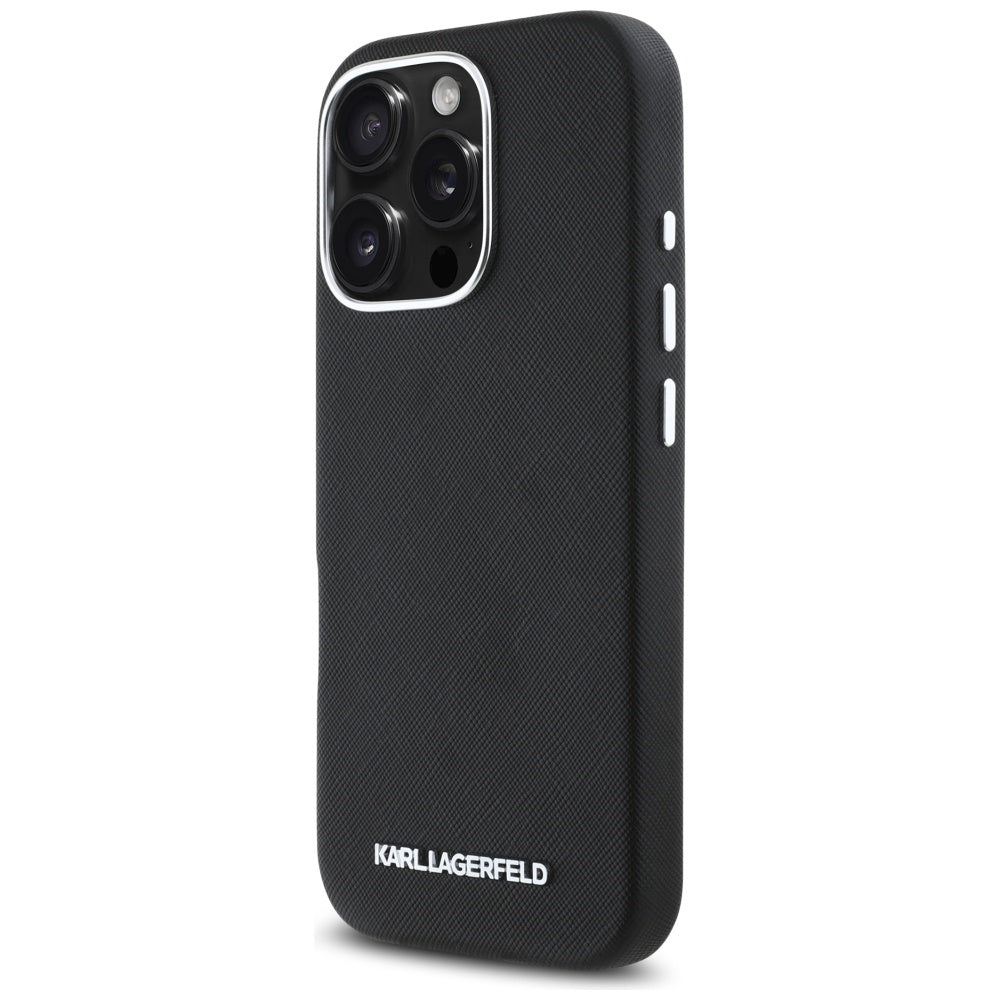 Husa de protectie Karl Lagerfeld Saffiano Full Wrapped Elongated Metal Logo MagSafe (KLHMP16LPSAFWMCK) compatibil cu iPhone 16 Pro, Negru