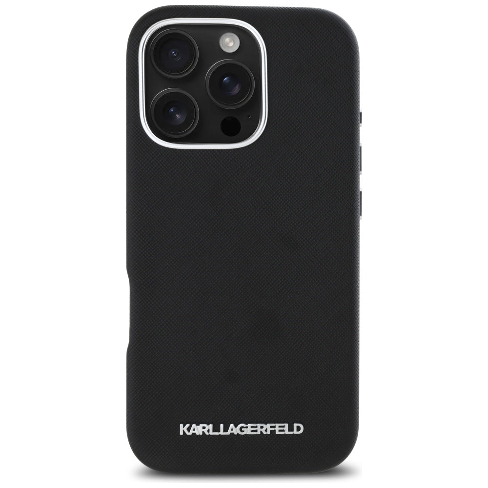 Husa de protectie Karl Lagerfeld Saffiano Full Wrapped Elongated Metal Logo MagSafe (KLHMP16XPSAFWMCK) compatibil cu iPhone 16 Pro Max, Negru