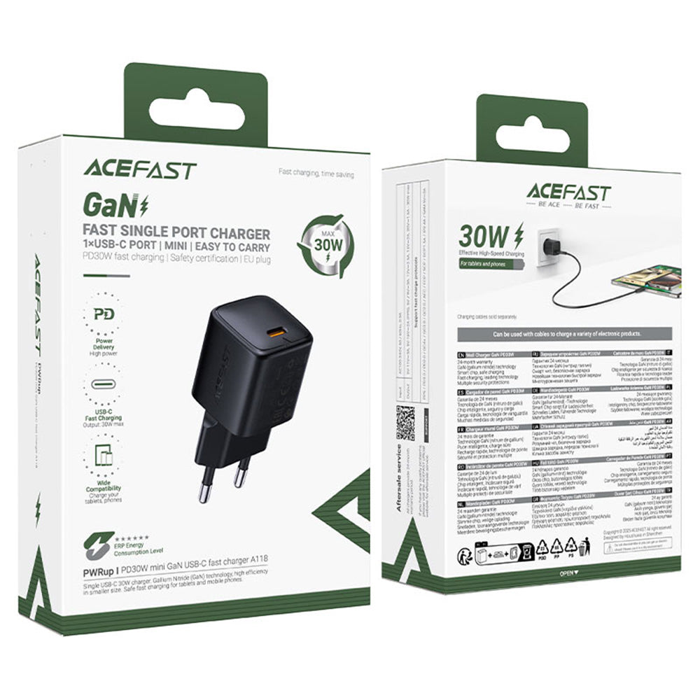 Incarcator Acefast (A118), USB-C, 30W, GaN, Negru