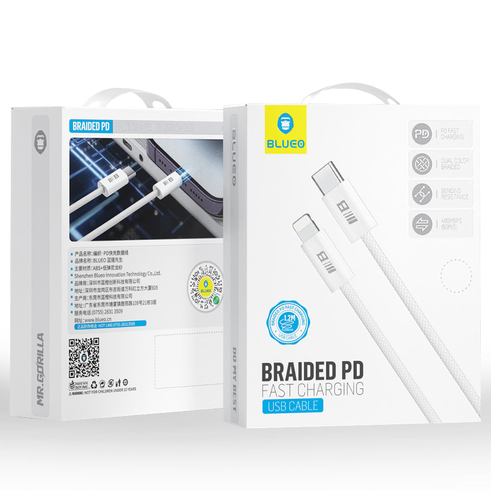 Cablu Blueo Data Cable, Type-C to Lightning, Fast Charging, Braided, 2m, Alb