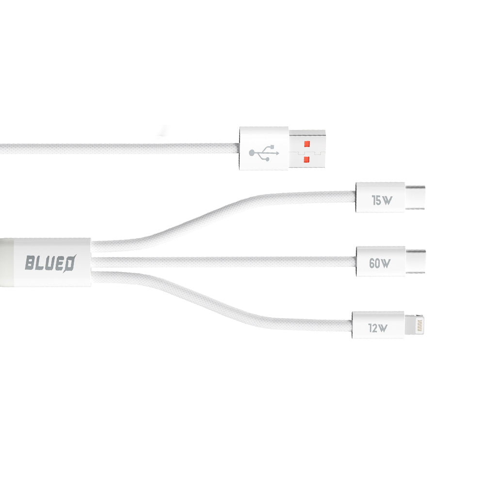 Cablu Blueo 3in1, USB to 2x Type-C, Lightning, Fast Charging, Nylon Braided, 60W, 1.2m, Alb