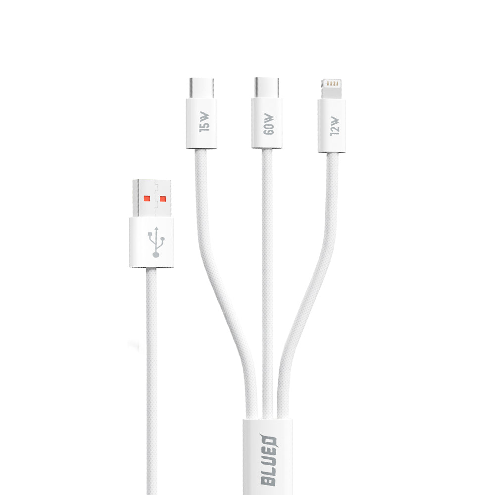 Cablu Blueo 3in1, USB to 2x Type-C, Lightning, Fast Charging, Nylon Braided, 60W, 1.2m, Alb