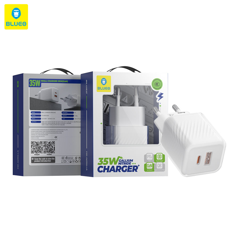 Incarcator Blueo Dual Port, 1x USB, 1x Type-C, GaN Technology, Fast Charge, Elegant Finish, PD3.0, 35W, Alb