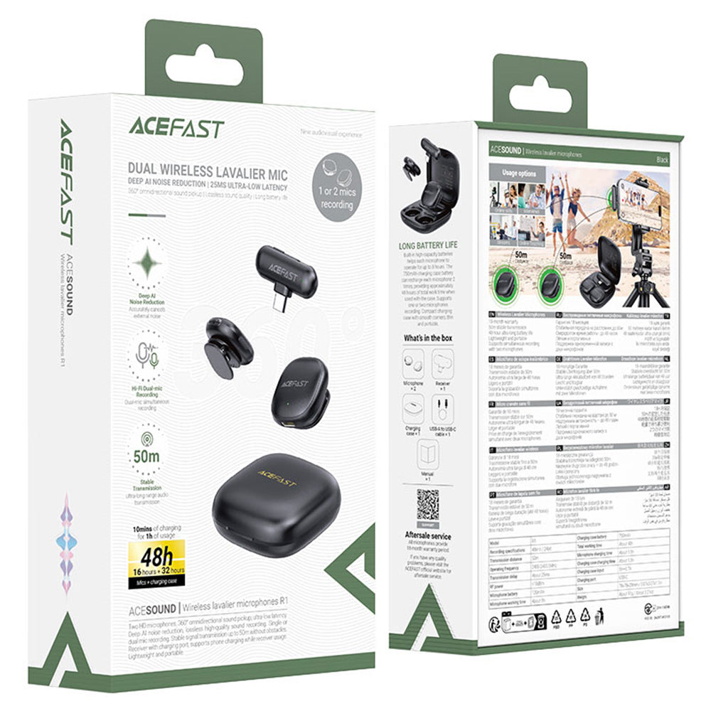 Casti Acefast Wireless Lavalier Microphones (R1), Type-C, 360° Pickup Range, Noise Reduction, 750mAh, Ultra-low Latency, Negru