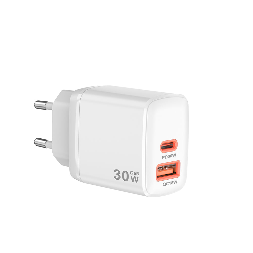 Incarcator Techsuit Duonix30W (CH1), Type-C, USB, Dual Travel Charger 30W, Alb