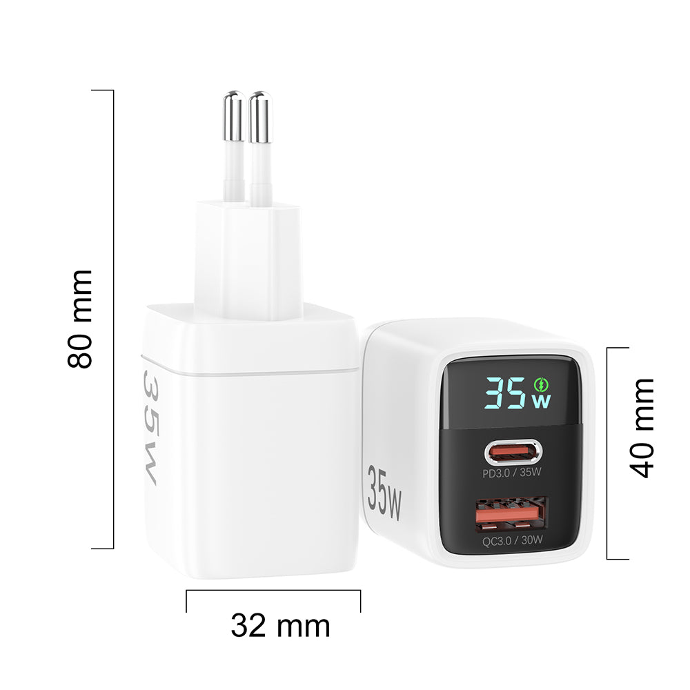 Incarcator Techsuit LEDChargX (CH3), Type-C, USB, GaN Technology, Fast Charge, LED Display, PD35W, Alb