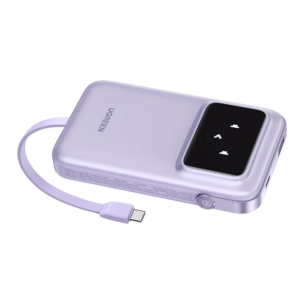 Baterie externa Ugreen PB511 (35604B), USB, Type-C with Built-in Cable, 10000mAh, 30W, Mov