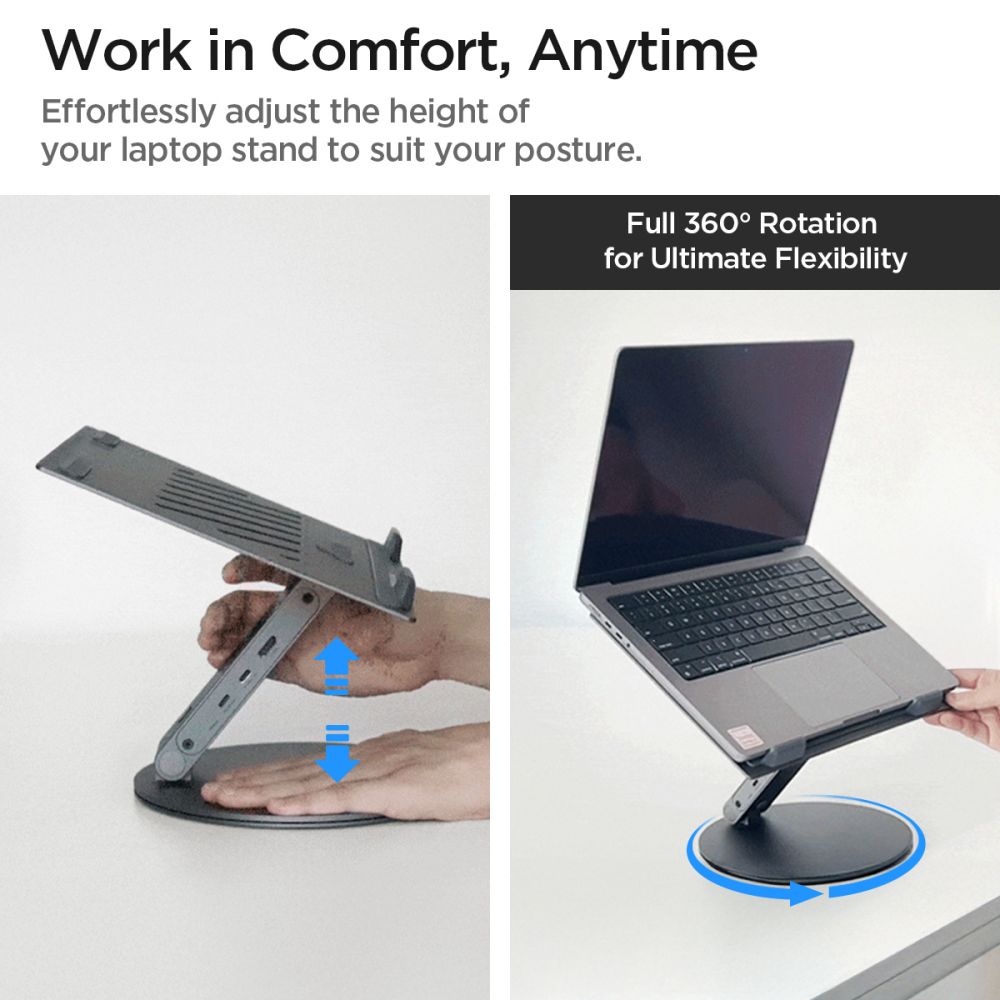 Suport Spigen Laptop LD204H (AMP08885), with Built-in Hub 2x USB, 3x Type-C, HDMI, 360° Rotation, Adjustable, Secure Grip, Argintiu