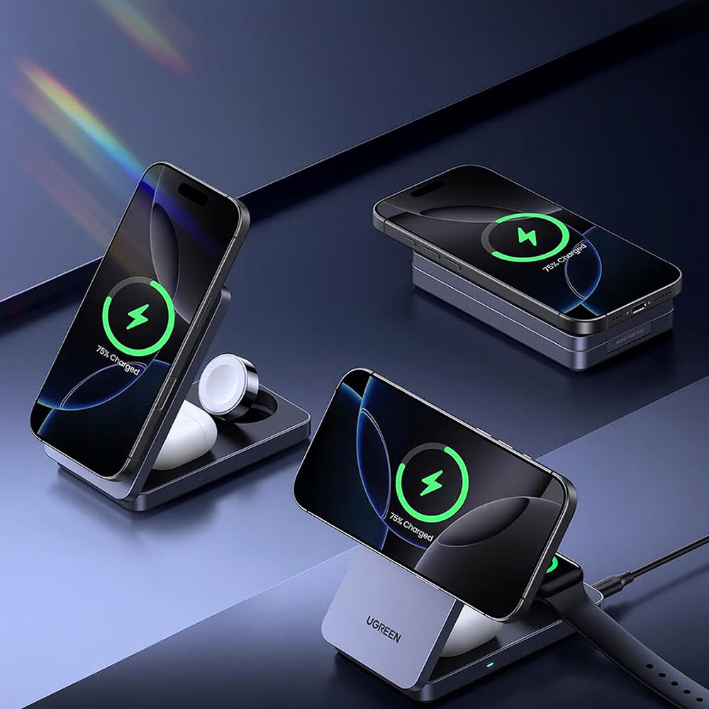 Incarcator Ugreen Wireless Charging Station W707 (45025), with Wall Charger, for Apple Watch, iPhone, Airpods, Qi2, 25W, Gri