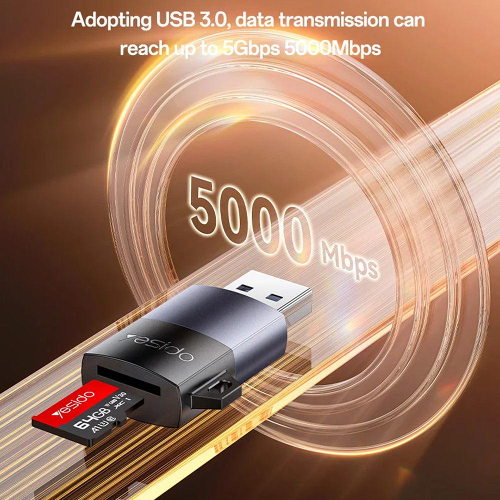 Stocare Yesido Card Reader (GS36), USB, High-speed, Aluminum Alloy, Support 1TB, Plug and Play, TF Card, Negru