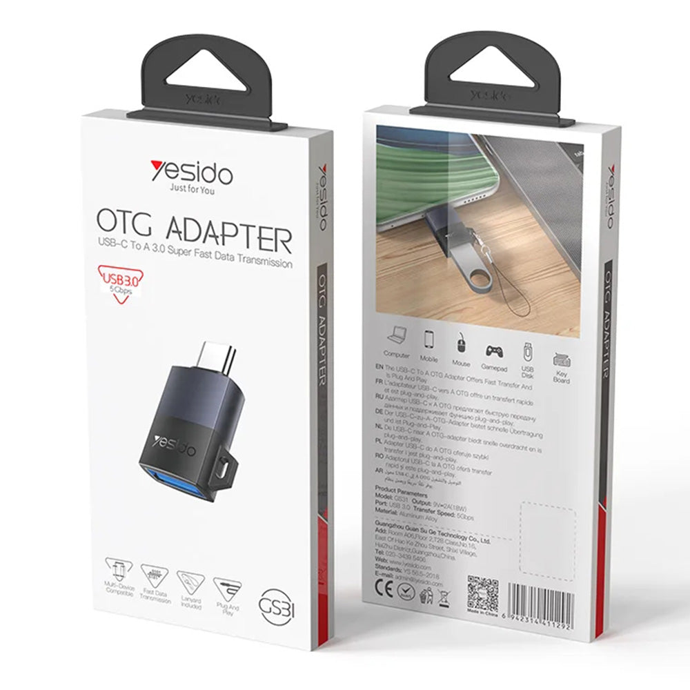 Adaptor Yesido OTG Adapter (GS31), Type-C to USB, QC18W, Aluminum Alloy, Plug&Play, Gri