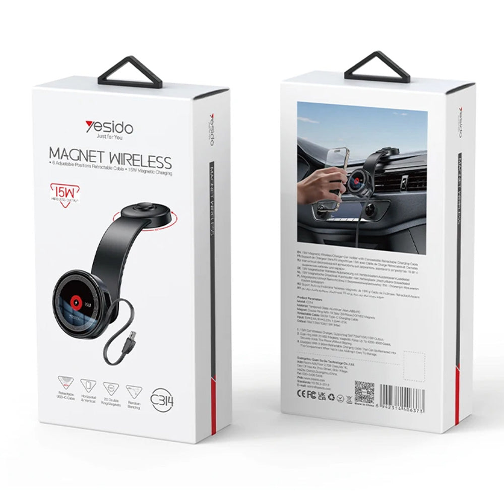 Suport Yesido with Wireless Charging (C314), for Dashboard, with Retractable Cable, Type-C, N52 Magnets, 15W, Negru