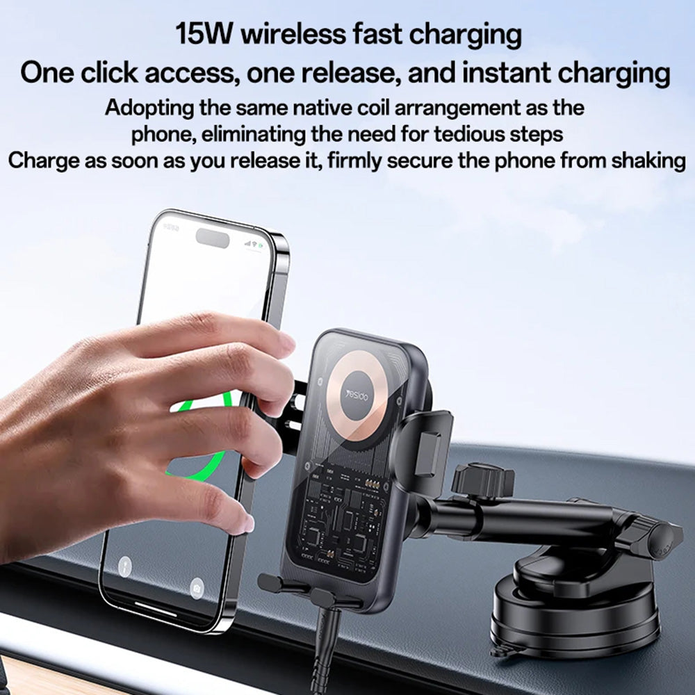 Suport Yesido with Wireless Charging (C307), for Dasboard, Electric Lock, Transparent Design, Smart Chip, 15W, Negru