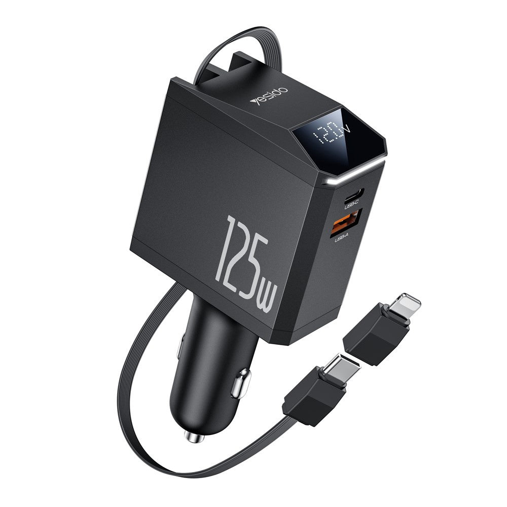 Incarcator Yesido 4in1 Car (Y71), with Type-C Retractable Cable + Lightning Adapter, Dual Port USB-A + Type-C, 125W, LED Display, Negru