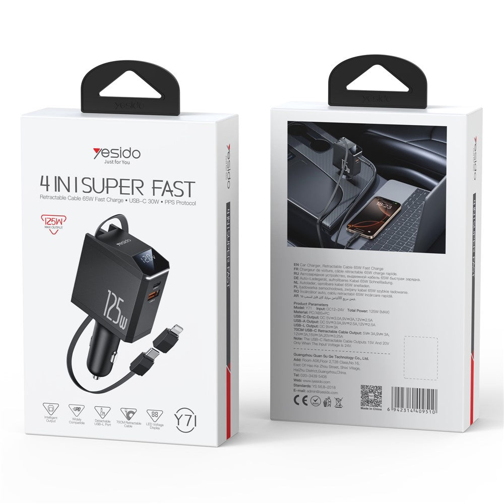Incarcator Yesido 4in1 Car (Y71), with Type-C Retractable Cable + Lightning Adapter, Dual Port USB-A + Type-C, 125W, LED Display, Negru