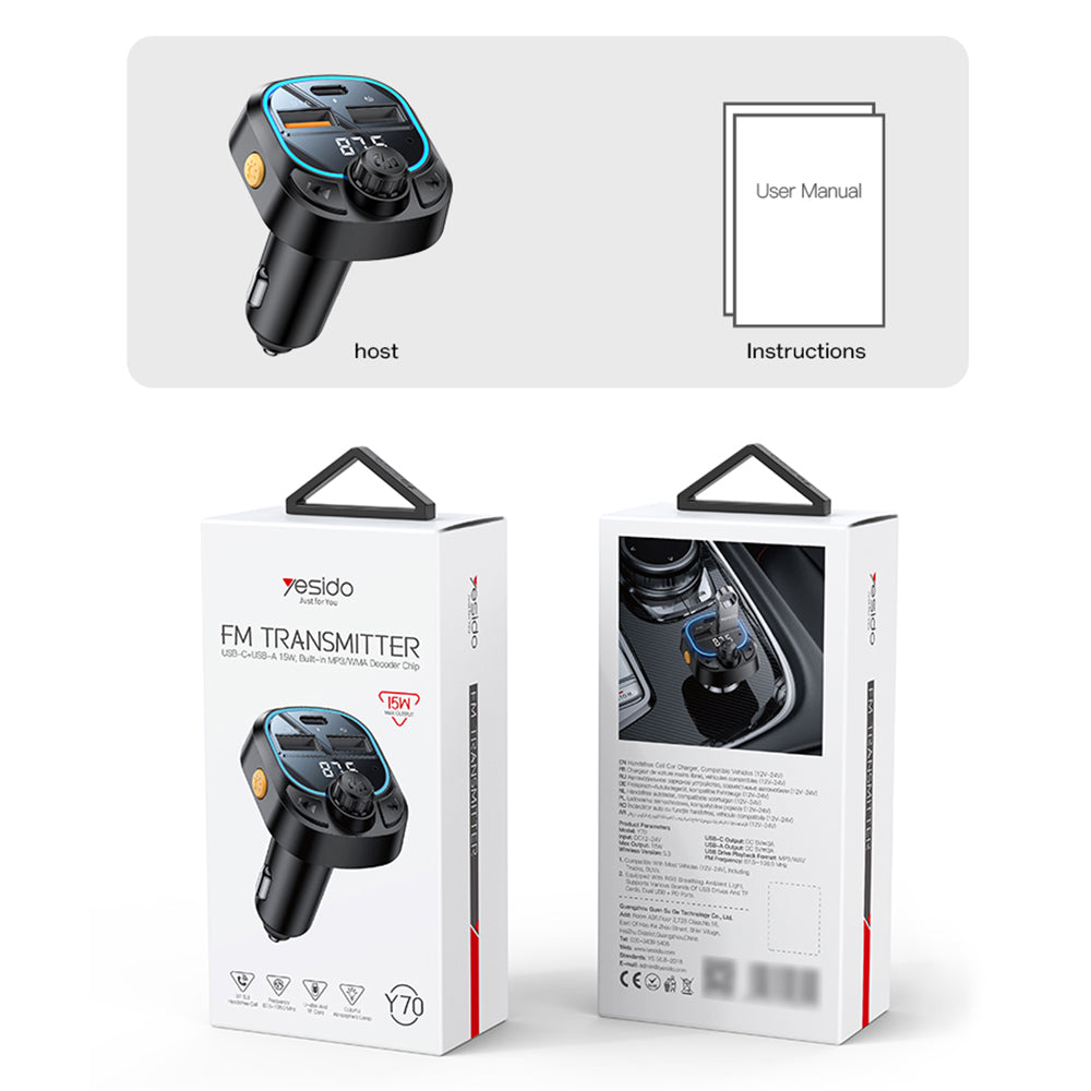 Incarcator Yesido FM Modulator and Car (Y70), Dual-Port USB-C + USB-A, Bluetooth 5.3, 15W, Negru