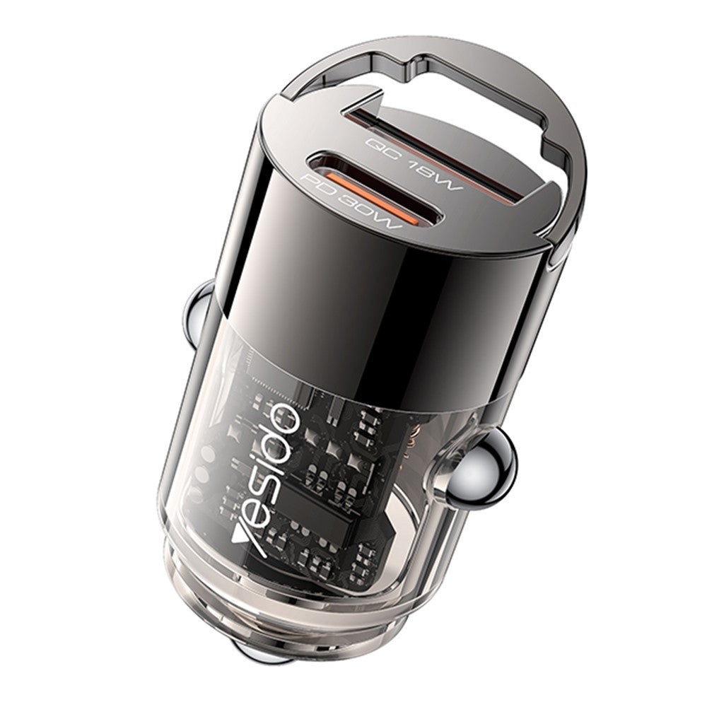 Incarcator Yesido Hidden Car (Y68), Dual-Port USB-A + Type-C, PD30W, Aluminum Alloy, Fast Charging, Negru