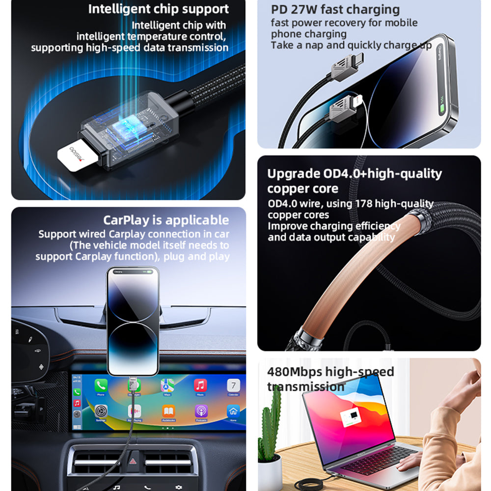 Cablu Yesido (CA195), Type-C to Lightning, Fast Charging, PD27W, CarPlay Compatible, Zinc Alloy, 1.2m, Negru