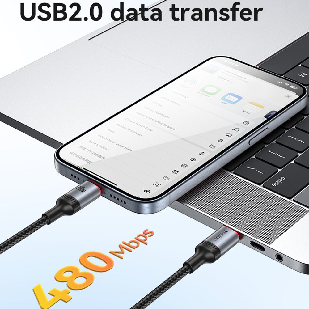 Cablu Yesido (CA185), Type-C to Type-C, Fast Charging, 480Mbps, 240W, 48V/5A, E-Mark Chip, Nylon Braided, 1.2m, Negru