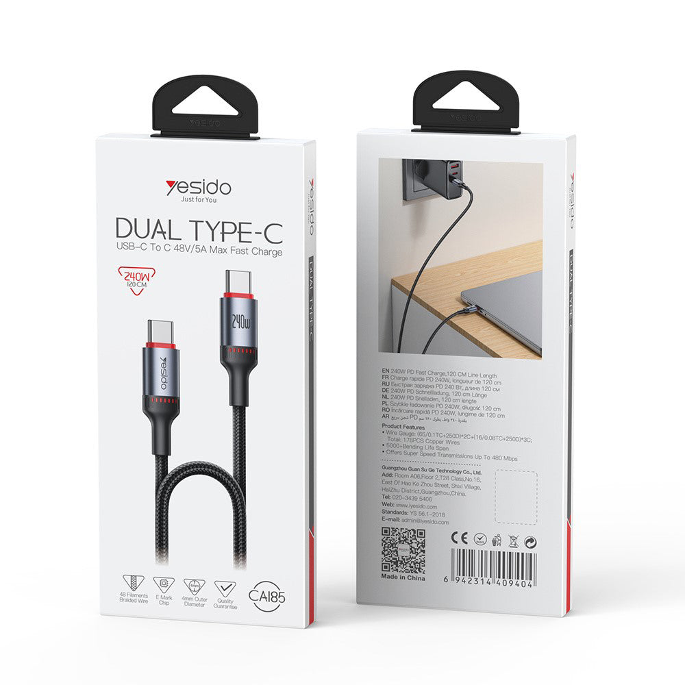 Cablu Yesido (CA185), Type-C to Type-C, Fast Charging, 480Mbps, 240W, 48V/5A, E-Mark Chip, Nylon Braided, 1.2m, Negru