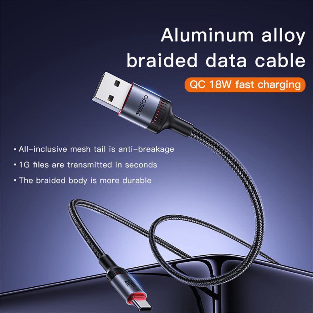 Cablu Yesido (CA130C), USB to Type-C, Fast Charge, 18W, 3A, 480Mbps, CarPlay Compatible, Aluminum Alloy, 2m, Negru