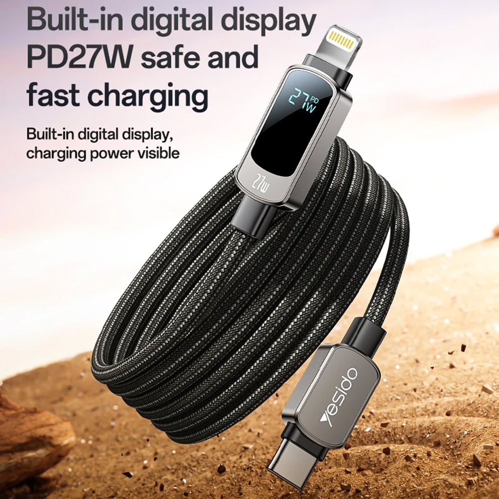 Cablu Yesido (CA180), Super Fast Charging, with Digital Display, Type-C to Lightning, 27W, 3A, 480Mbps, 1.2m, Negru