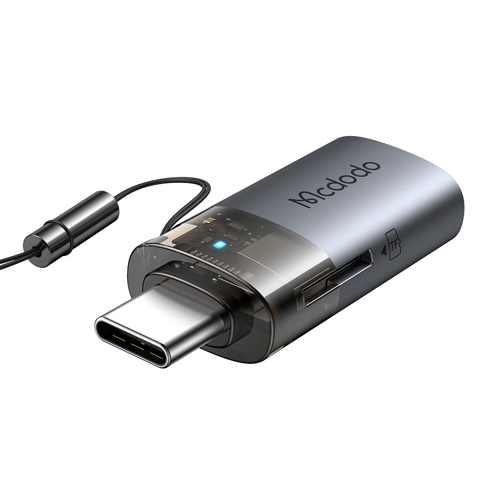 Adaptor Mcdodo OTG Adapter 2in1 (OT-7600), USB to USB-C, Built-in Card Reader, Charging & Data, 5Gbps, Blue Light, Lanyard, Negru