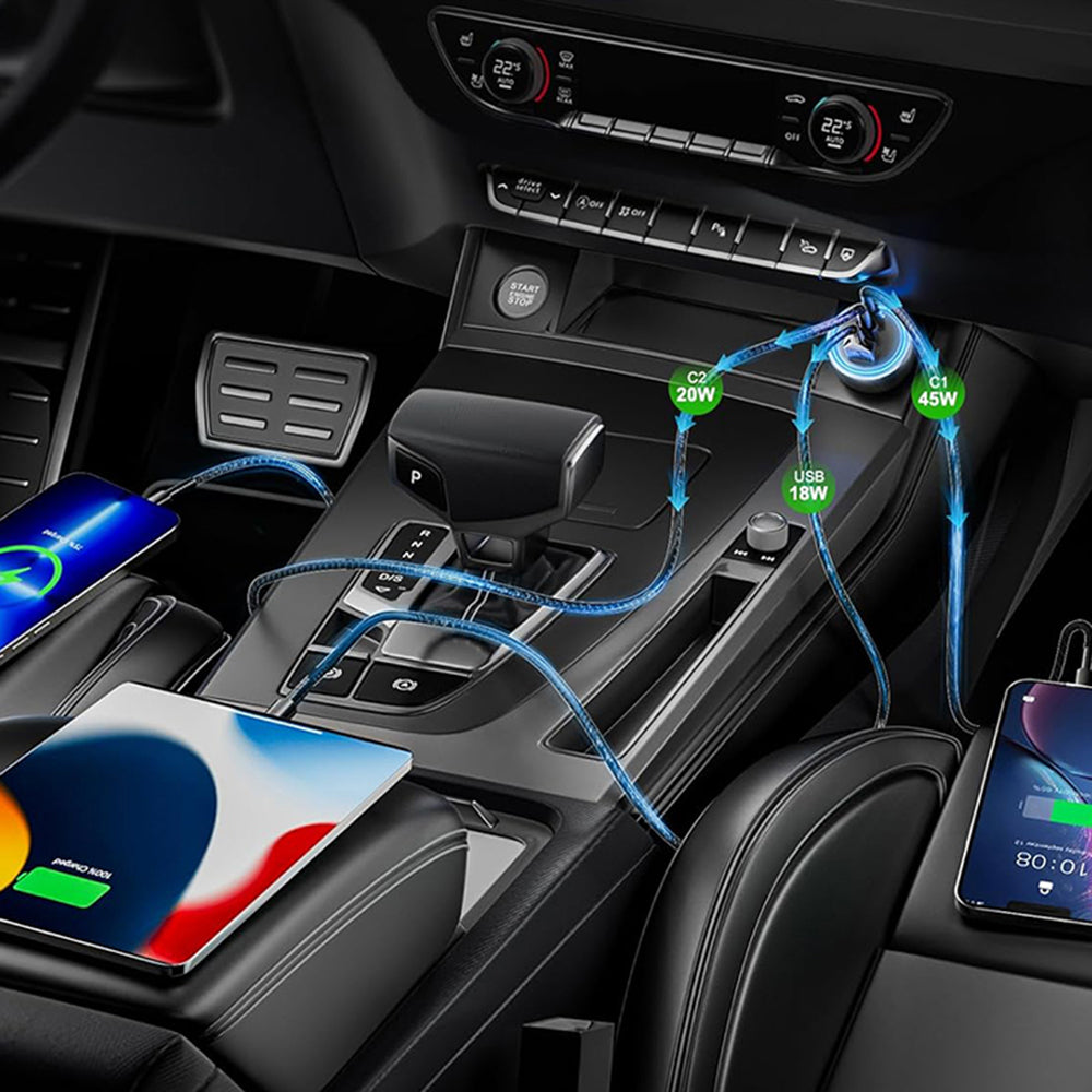 Incarcator Techsuit Premium Car DriveBoost (C6), Fast Charge, LED Light, USB, 2x Type-C 60W, 5V/3A, Aluminium Alloy, Argintiu