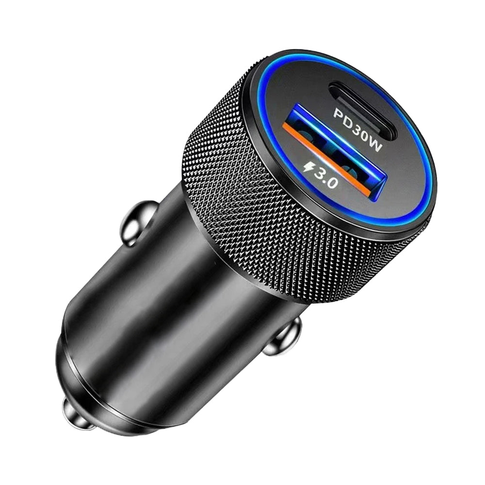 Incarcator Techsuit Premium Car VoltDuo (C2), with LED Light, USB QC 3.0, Type-C PD30W, 5V/3A, ABS, Metal, Negru