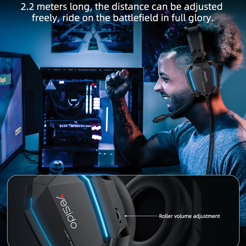 Casti Yesido Wired (EK03), for Gaming, Jack 3.5mm, USB, with Microphone, Lights, 2m, Negru