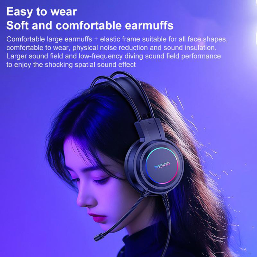Casti Yesido Wired (EK05), for Gaming, USB, with Microphone, RGB LED Lights, Negru