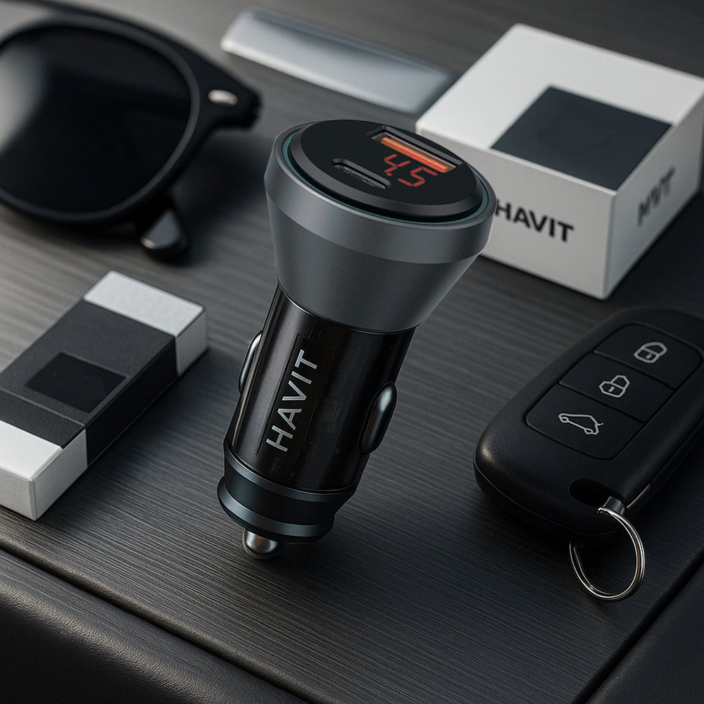 Incarcator Havit Car (CC2017), Type-C, USB, 45W, 3A, Visible Internal Structural Design, Negru / Blue