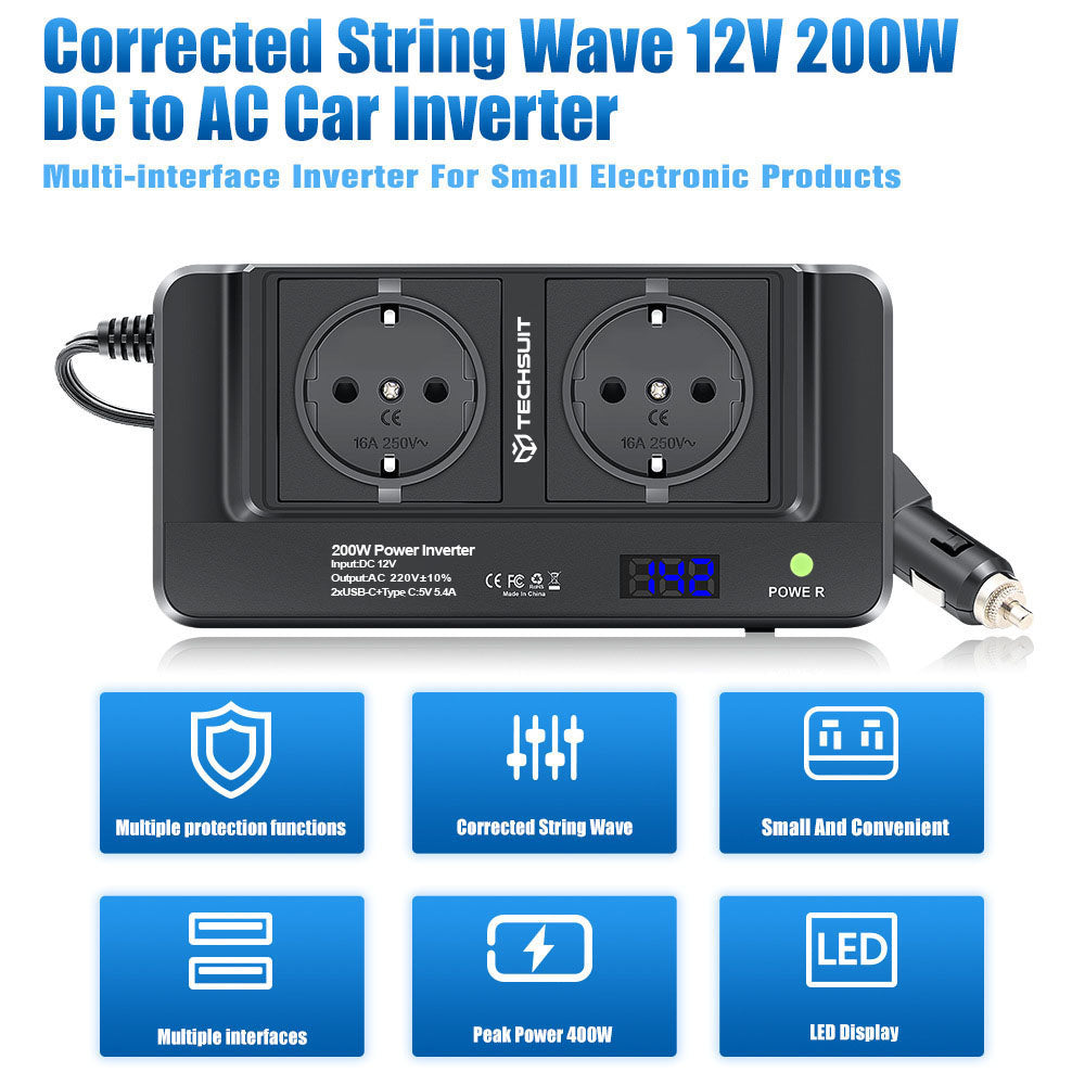 Gadget Techsuit Car Power Inverter PowerDriveX (IA2), Type-C, 2x USB-A, 2x AC Power Sockets, 220V, 200W, Negru