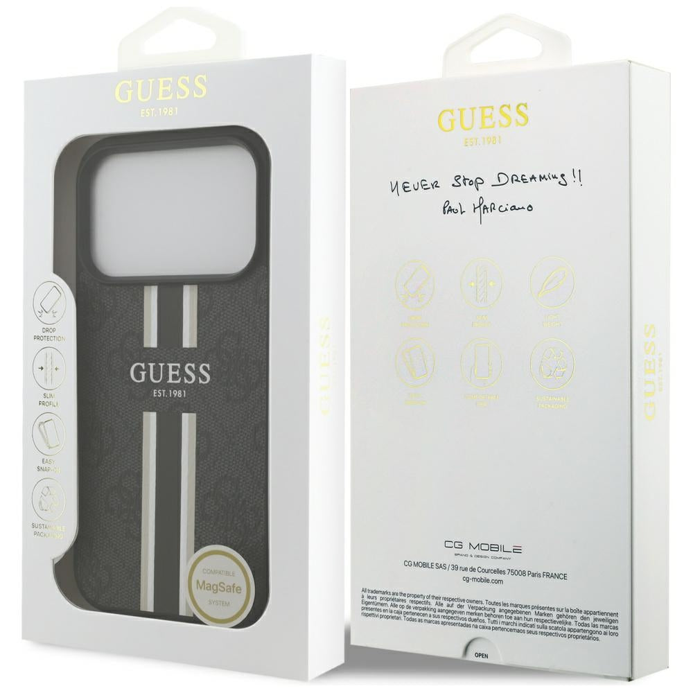 Husa de protectie Guess Hardcase 4G Printed Stripes MagSafe (GUHMP17LP4RPSK) compatibil cu iPhone 17 Pro, Negru
