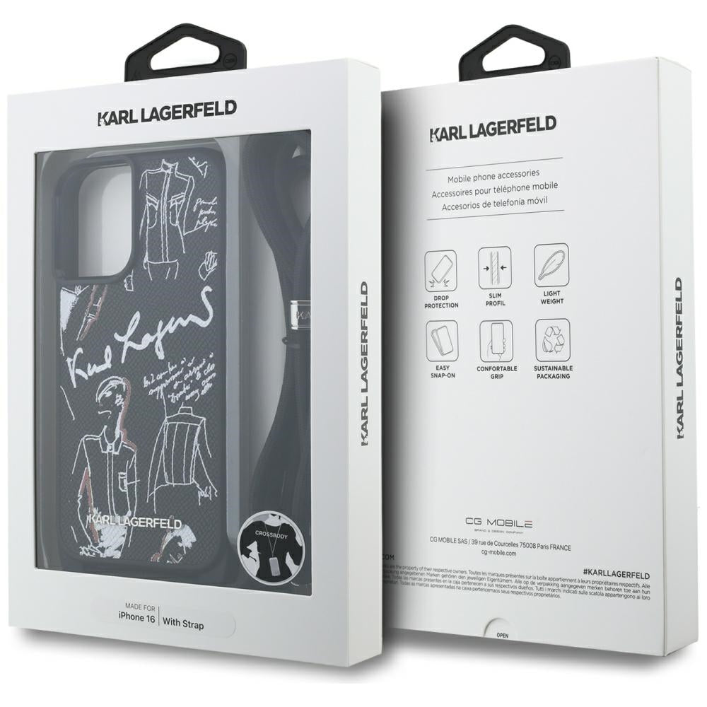 Husa de protectie Karl Lagerfeld Saffiano MagSafe Crossbody (KLHCP16SPGGRMPCK) compatibil cu iPhone 16, Negru