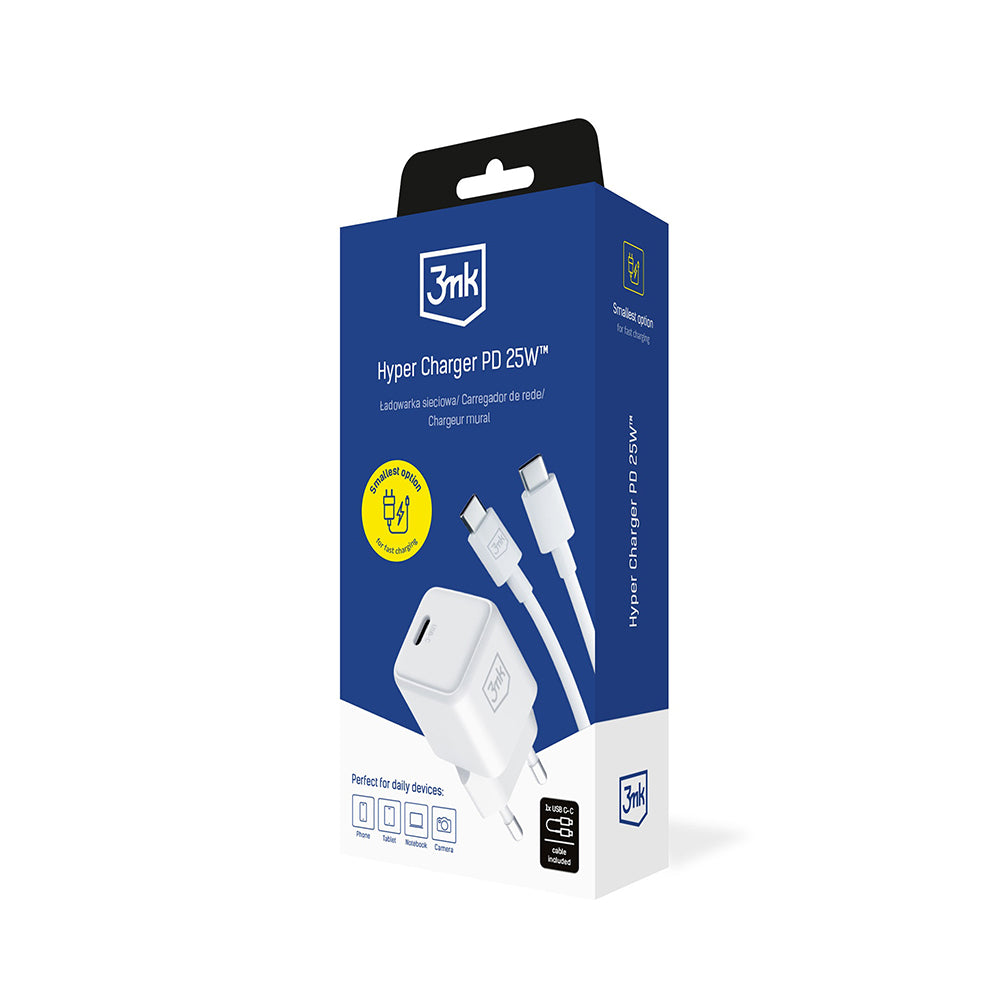 Incarcator 3mk Hyper, USB-C Cable Included, Type-C Port, PD25W, GaN Technology, Alb
