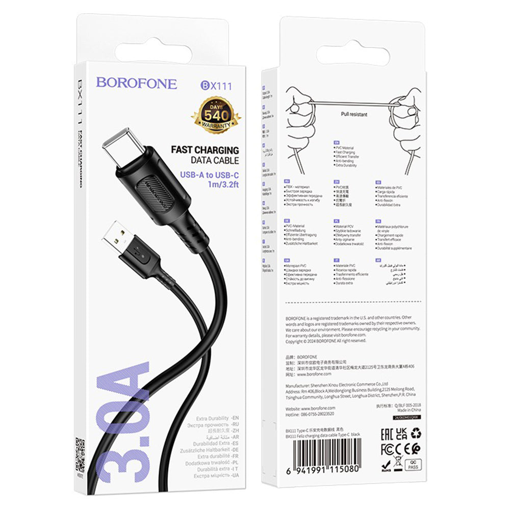Cablu Borofone Feliz Series (BX111), USB to Type-C, PVC, Universal, 60W, 3A, 1m, Negru