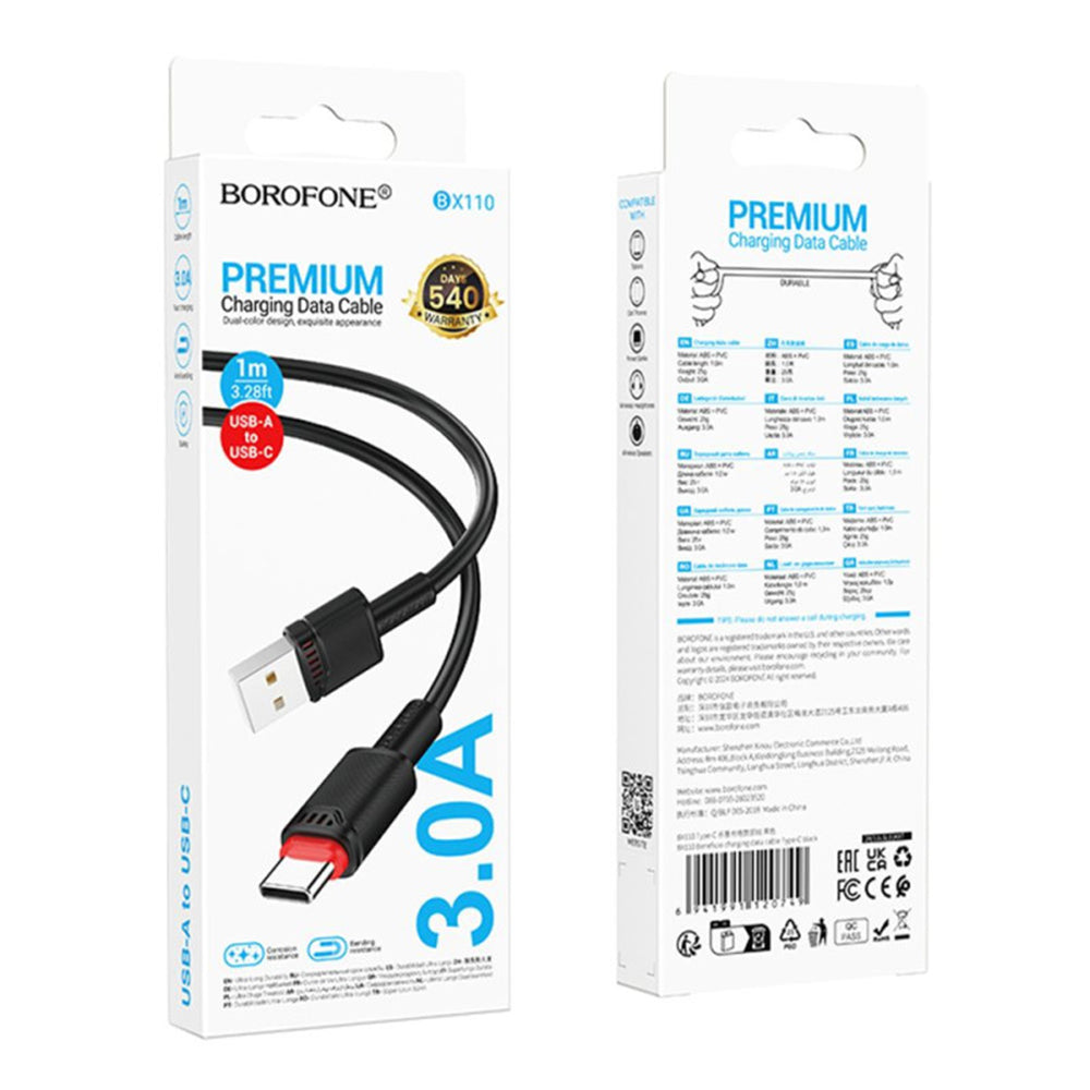 Cablu Borofone Beneficio Series (BX110), Premium Line, USB to Type-C, High-quality, Fast Charging, 3A, 1m, Negru