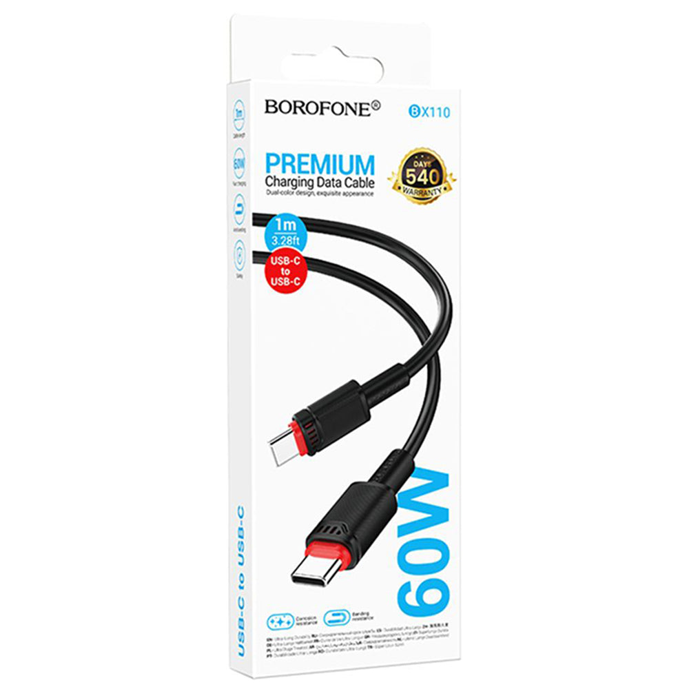 Cablu Borofone Beneficio Series (BX110), Premium Line, Type-C to Type-C, High-quality, Fast Charging, 60W, 1m, Negru
