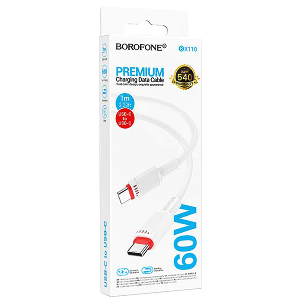 Cablu Borofone Beneficio Series (BX110), Premium Line, Type-C to Type-C, High-quality, Fast Charging, 60W, 1m, Alb
