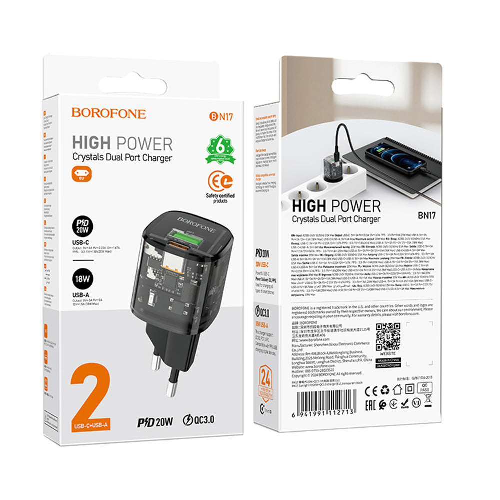 Incarcator Borofone Sunlight (BN17), Dual Port, USB-C + USB-A, 5V/3A, PD20W, QC3.0, Transparent /Black