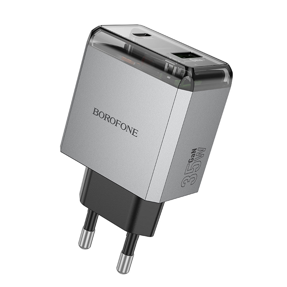Incarcator Borofone Lena (BN20), Dual Port, USB-C + USB-A, PD35W, QC3.0, Flame-Retardant PC, 5V/3A, Metal Gray