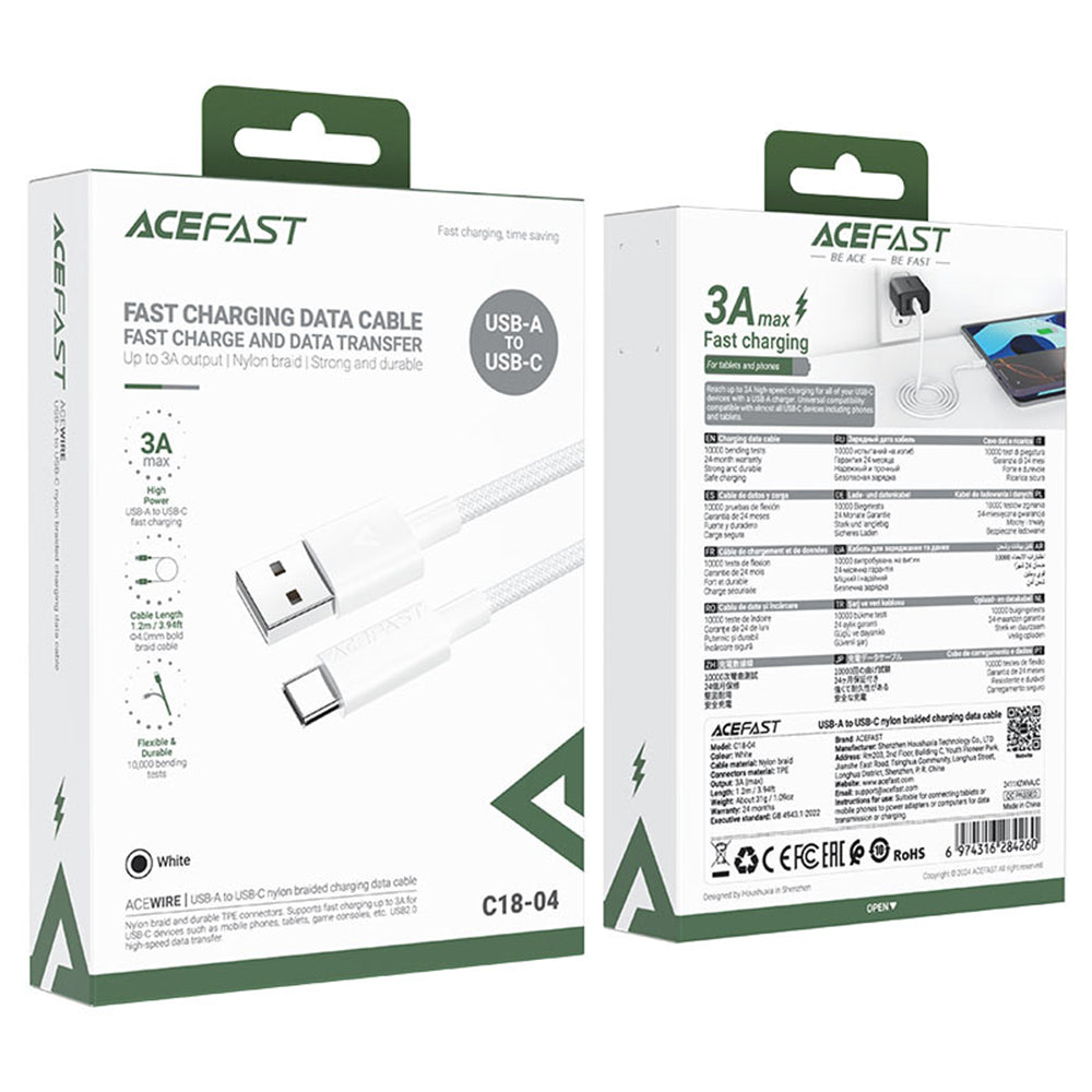 Cablu Acefast (C18-04), USB to Type-C, Fast Charging, 3A, Bend-Resistant, Nylon Braid, 1.2m, Alb