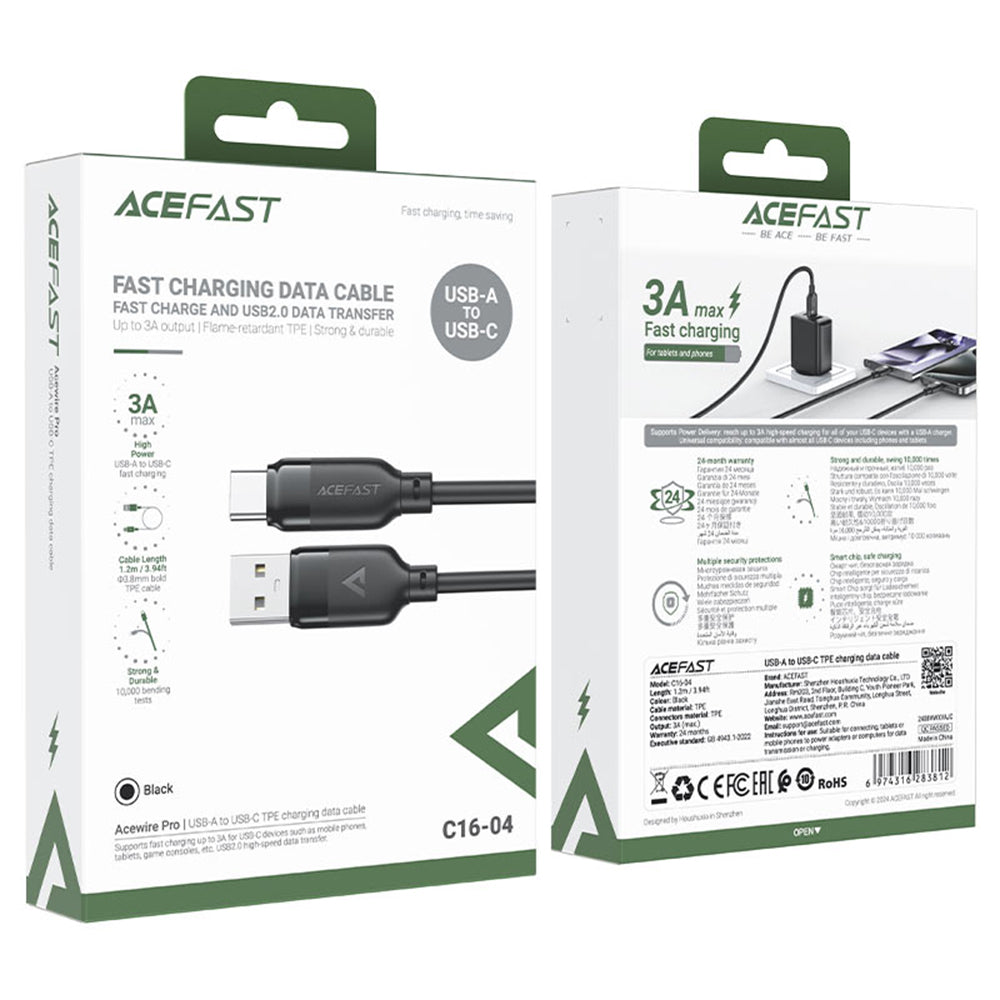 Cablu Acefast (C16-04), Fast Charging, USB to Type-C, 3A, Bend-Resistant, 1.2m, Negru